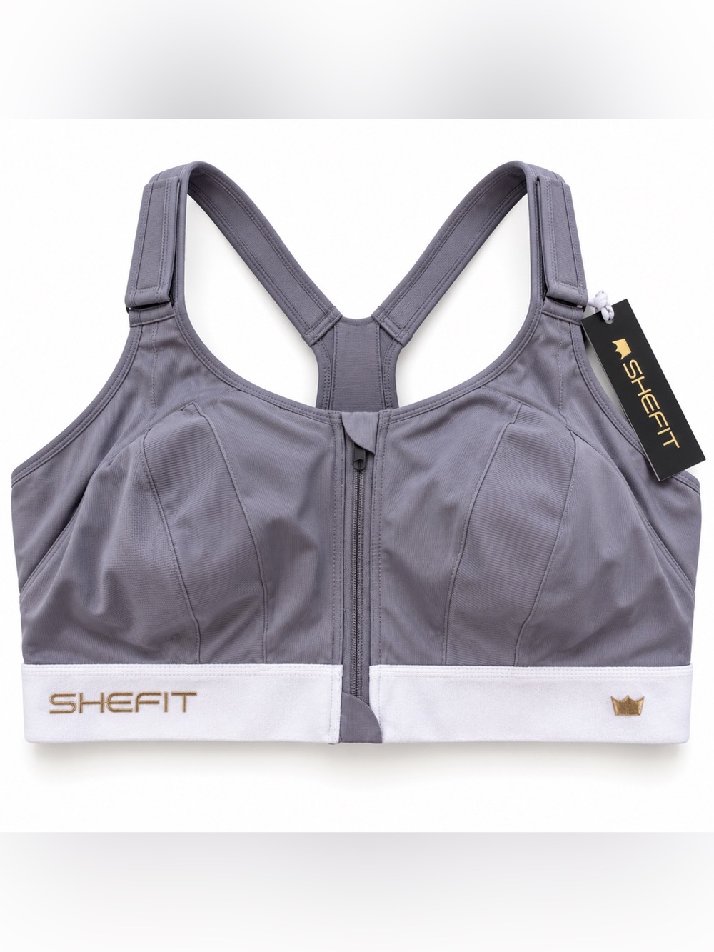 SHEFIT Ultimate Sports Bra 6Luxe Gray White High Impact Zip Front NWT